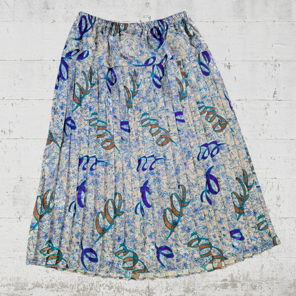 70s Vintage Cream Blue Metallic Abstract USA Made Blouse Midi Skirt Set Size 14 - Picture 13 of 13